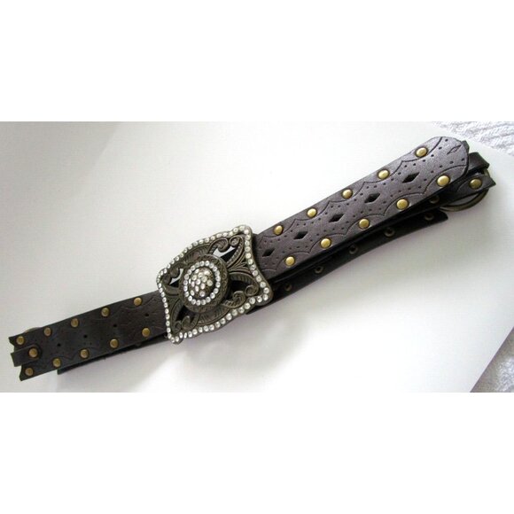 Brown Women's Western Belt - Faux Leather - Rhinestone Carved Buckle - 36 inches - Picture 2 of 10